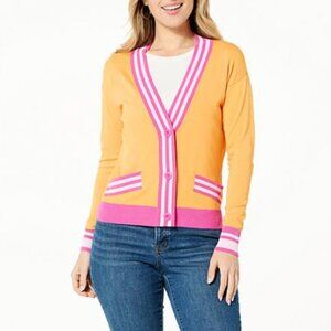 Victor Glemaud Orange Pink Prep Sporty V Neck Button Front Cardigan Large